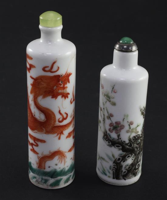 Two Chinese enamelled porcelain cylindrical snuff bottles, 1820-1900, 8.2cm